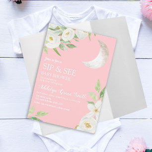 Baby Shower Maan Wit Bloemmotief Roze Sip See Kaart