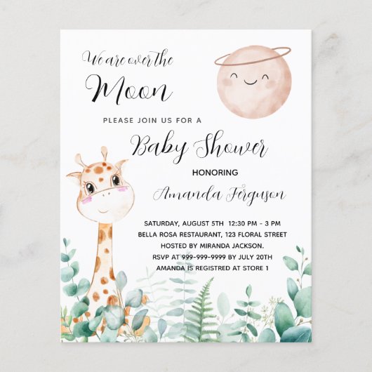 Baby shower maangiraffe-begrotingsuitnodiging flyer (Voorkant)