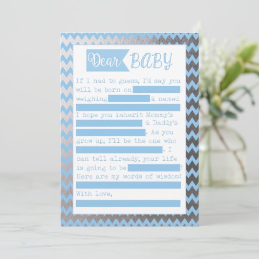 Baby shower MadLibs spel, blauw en zilveren Folie  Kaart (Staand voorkant)