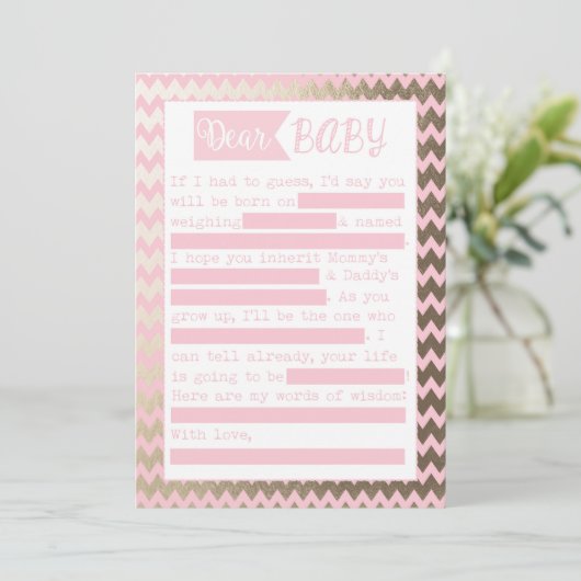 Baby shower MadLibs spel, roze en gouden folie loo Kaart (Staand voorkant)