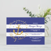baby shower marine Blue Anchor Gold Heart Invite Kaart (Staand voorkant)