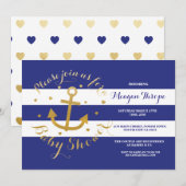 baby shower marine Blue Anchor Gold Heart Invite Kaart (Voorkant / Achterkant)