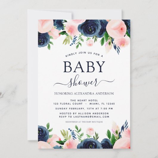 Baby shower marineblauw blush roze Waterverf bloem Kaart (Voorkant)