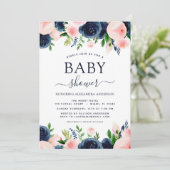 Baby shower marineblauw blush roze Waterverf bloem Kaart (Staand voorkant)