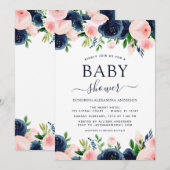 Baby shower marineblauw blush roze Waterverf bloem Kaart (Voorkant / Achterkant)