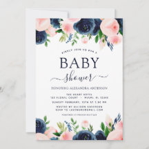 Baby shower marineblauw blush roze Waterverf bloem