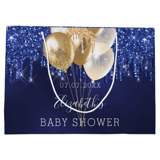Baby shower marineblauw goud glitter druppelt ball groot cadeauzakje (Achterkant)