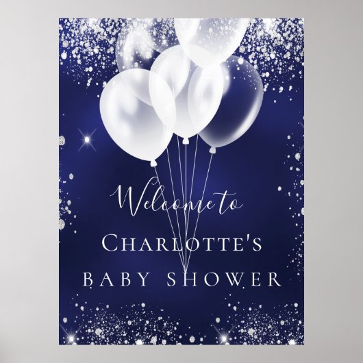 Baby shower marineblauwe witte ballonnen welkom poster (Voorkant)