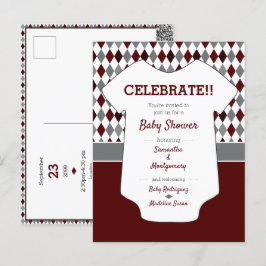 Baby shower Maroon & Grey Blue Argyle Pattern Briefkaart