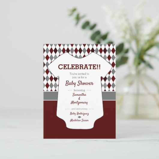Baby shower Maroon & Grey Blue Argyle Pattern Briefkaart (Staand voorkant)