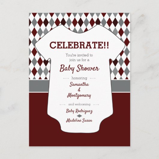 Baby shower Maroon & Grey Blue Argyle Pattern Briefkaart (Voorkant)