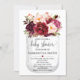 Baby shower Marsala Floral Mason Jar Country Chic Kaart