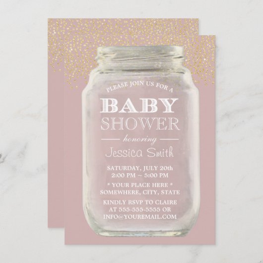 Baby shower Mason Jar Gold Confetti Dusty Pink Kaart (Voorkant / Achterkant)