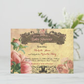 baby shower meisje, , art-deco, oud papier, rozen. kaart (Staand voorkant)