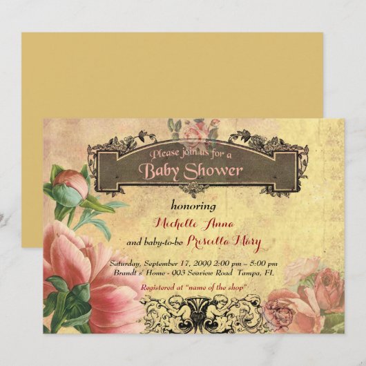 baby shower meisje, , art-deco, oud papier, rozen. kaart (Voorkant / Achterkant)