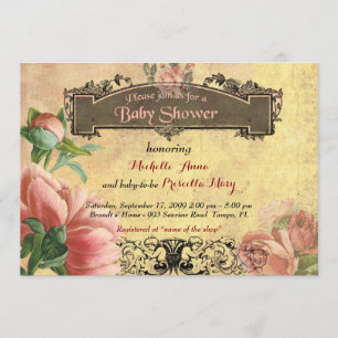 baby shower meisje, , art-deco, oud papier, rozen. kaart