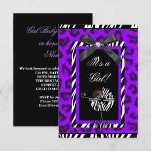 Baby Shower Meisje Baby Paars Zwart Zebra Kaart