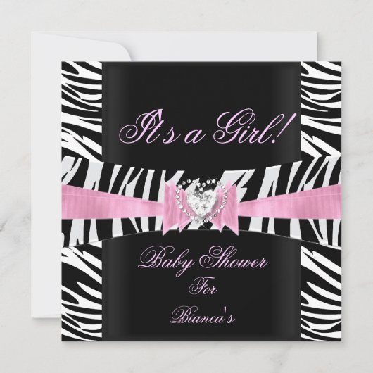Baby shower Meisje Baby Roze Zwarte Zebra Kaart (Voorkant)