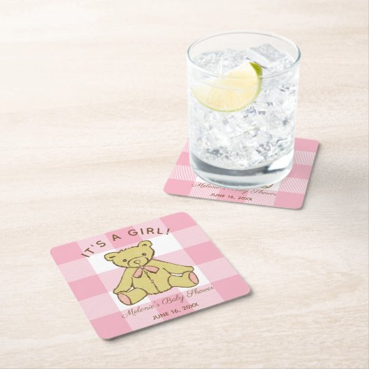 Baby shower Meisje Beer met Naam en Datum Kartonnen Onderzetters (Insitu)
