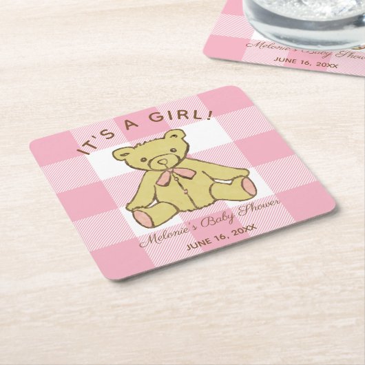 Baby shower Meisje Beer met Naam en Datum Kartonnen Onderzetters (Schuin)