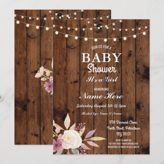 Baby shower Meisje Bloemen Hout Lichten Rustiek Ui Kaart (Voorkant / Achterkant)