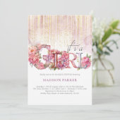 Baby shower Meisje Bloemen Roze Goud Glitter Kaart (Staand voorkant)