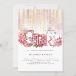 Baby shower Meisje Bloemen Roze Goud Glitter Kaart