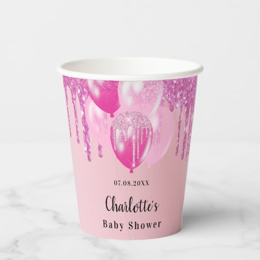 Baby shower meisje blush roze glitter ballonnen papieren bekers (Achterkant)