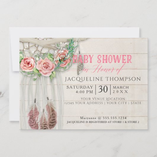 Baby shower Meisje BOHO Dream Catcher Shiplap Wood Kaart (Voorkant)