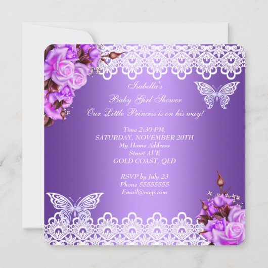 Baby shower Meisje Butterfly Paarse Roze Lila Roze Kaart (Achterkant)