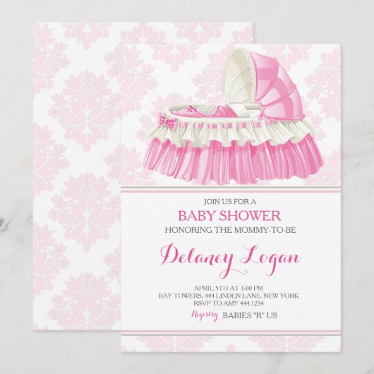 Baby shower Meisje Damask Bassinet Uitnodiging (Voorkant / Achterkant)
