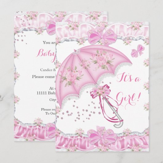  Baby shower Meisje Floral Pink Umbrella Kaart (Voorkant / Achterkant)
