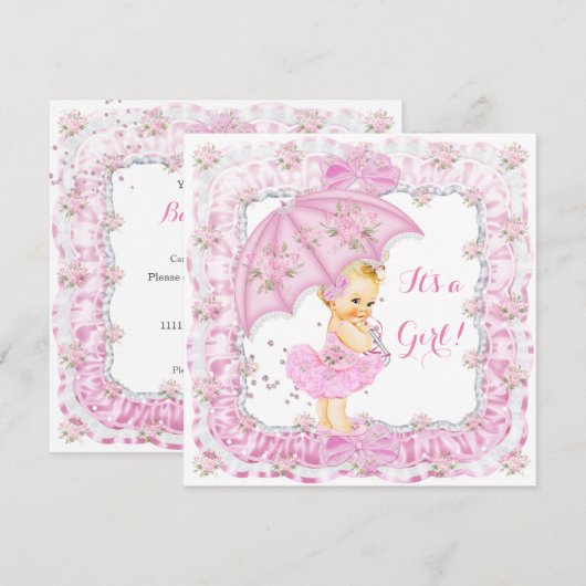  Baby shower meisje Floral roze bande Kaart (Voorkant / Achterkant)