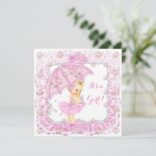  Baby shower meisje Floral roze bande Kaart (Staand voorkant)