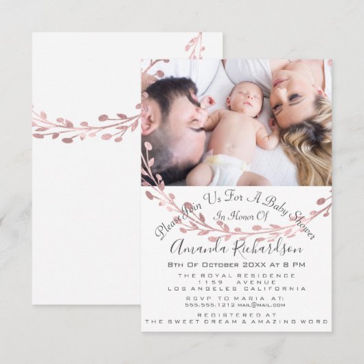 Baby shower Meisje Foto White Rose Wreate Kaart (Voorkant / Achterkant)