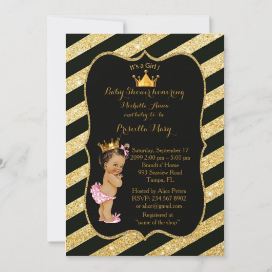Baby shower MEISJE, gouden strips, zwart goud v2 Kaart (Voorkant)