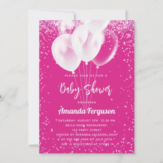 Baby shower meisje heet roze witte ballonnen luxe kaart (Voorkant)