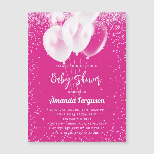 Baby shower meisje heet roze witte ballonnen luxe magnetische uitnodiging (Voorkant)