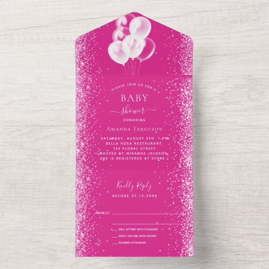 Baby shower meisje heet roze witte ballonnen RSVP All In One Uitnodiging (Binnen)