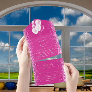 Baby shower meisje heet roze witte ballonnen RSVP All In One Uitnodiging