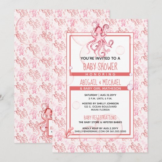 Baby shower Meisje Koraal & Roze Waterverf Octopus Kaart (Voorkant / Achterkant)