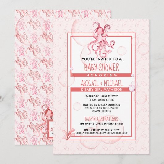 Baby shower Meisje Koraal & Roze Waterverf Octopus Kaart (Voorkant / Achterkant)