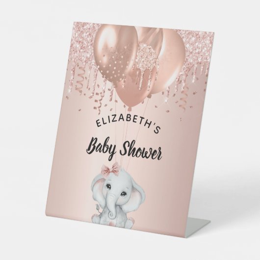 Baby shower meisje olifant roos gouden ballonnen reclamebord met voetstuk (Voorkant)