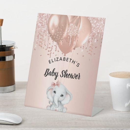 Baby shower meisje olifant roos gouden ballonnen reclamebord met voetstuk (Insitu)
