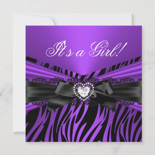 Baby Shower Meisje Paars Zwart Kant Zebra Kaart (Voorkant)