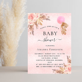 Baby shower meisje pampas gras teddybeer roze kaart