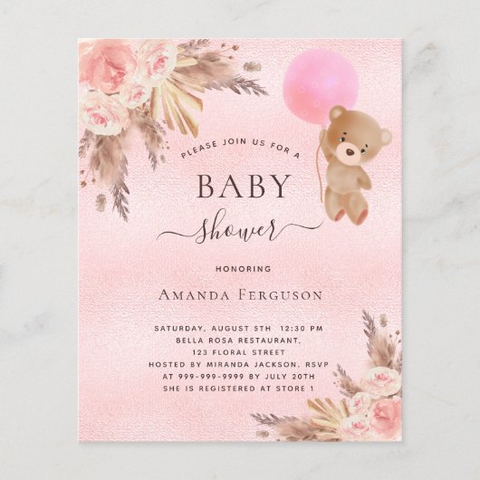 Baby shower meisje pampas teddy begrotingsuitnodig flyer (Voorkant)