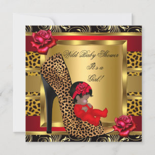Baby Shower Meisje Rode Rozen Goud Wilde Luipaard  Kaart