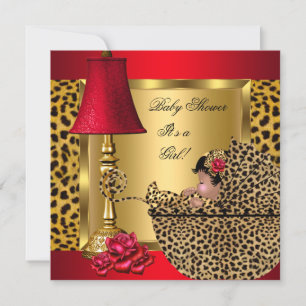Baby Shower Meisje Rood Goud Rozen Luipaard Wagent Kaart