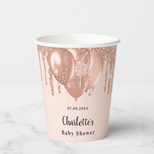 Baby shower meisje roos gouden ballonnen papieren bekers (Achterkant)